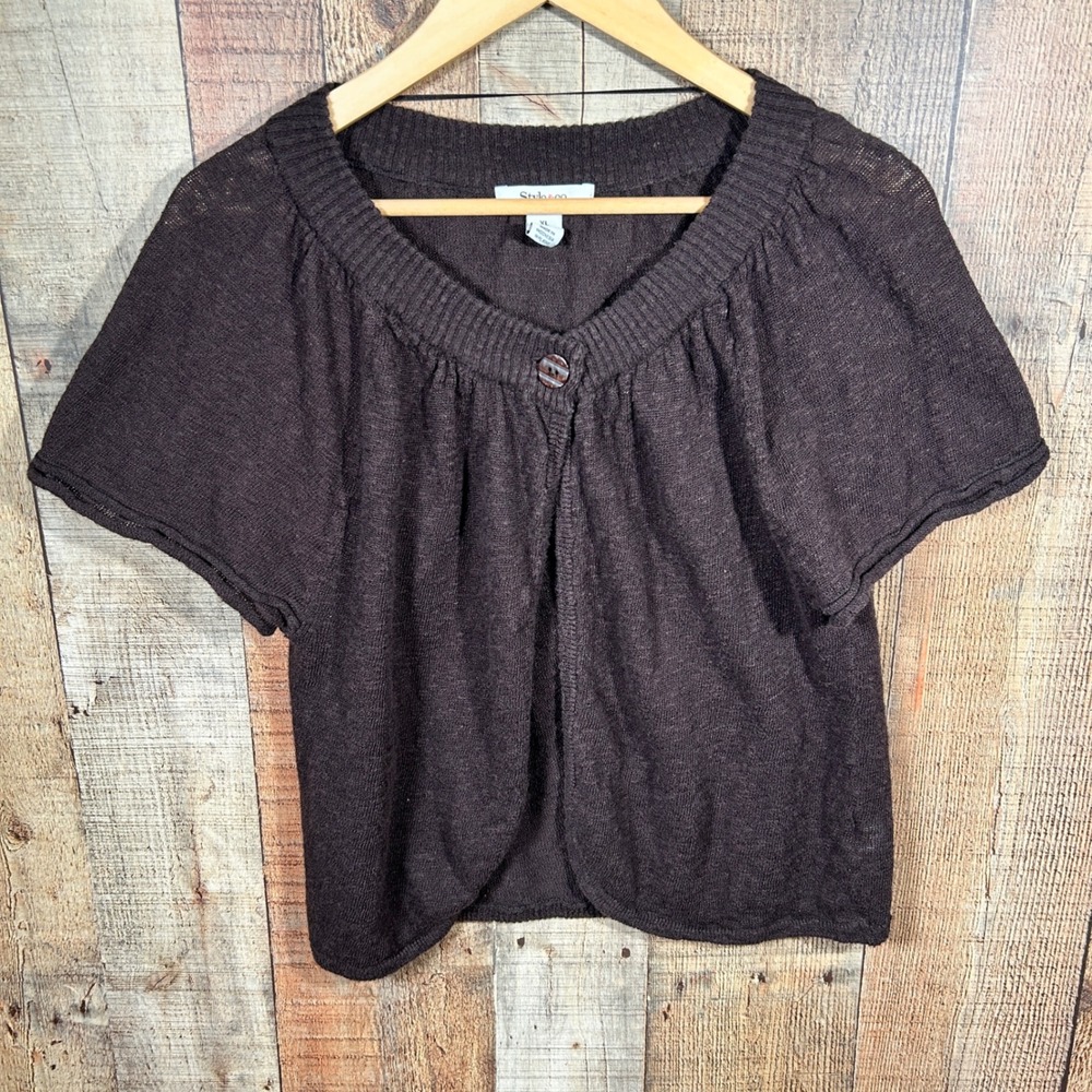 Style & Co Brown Ramie Cotton Knit Short Sleeve Single Button Shrug Cardigan XL